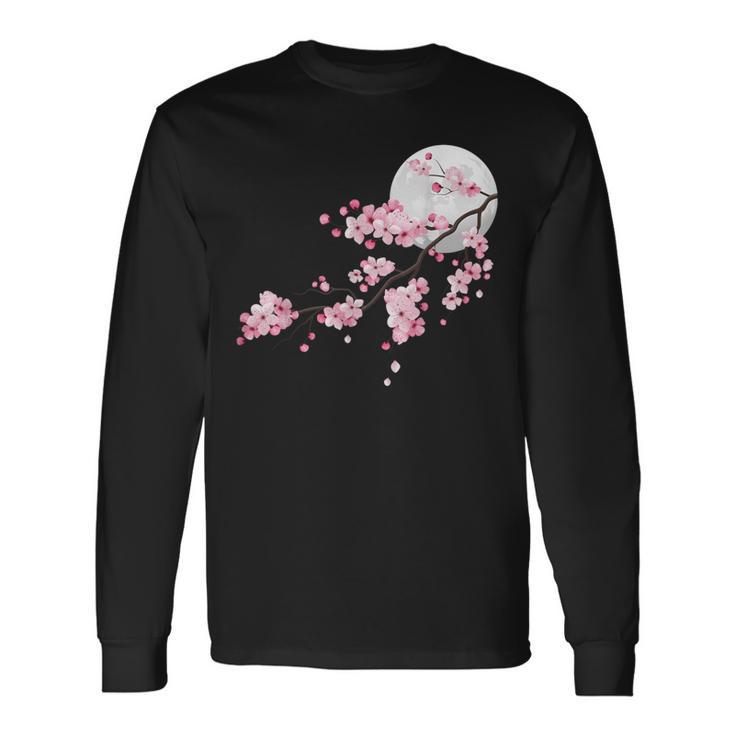 桜の木と月 日本の美しい桜 春 長袖Tシャツ