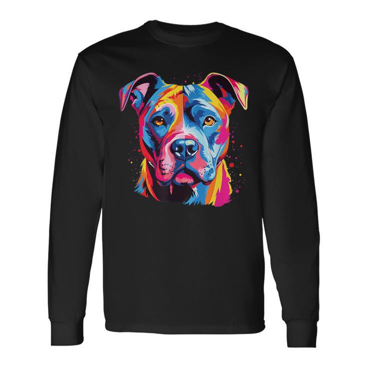 水彩のカラフルなアメリカン ピット ブル テリア犬 長袖Tシャツ