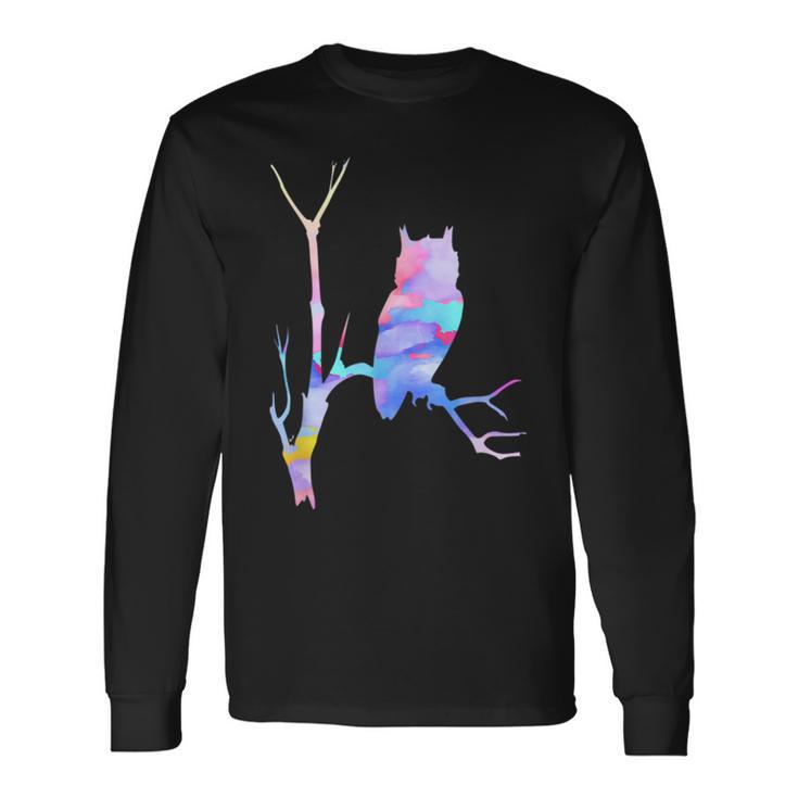 水彩フクロウsiitingツリーバードウォッチングアートバード 長袖Tシャツ