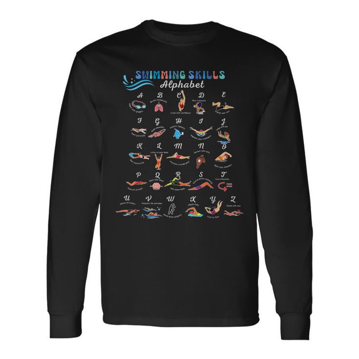 水泳スキル アルファベット 面白い 水泳 スイマー 水泳 先生 長袖Tシャツ