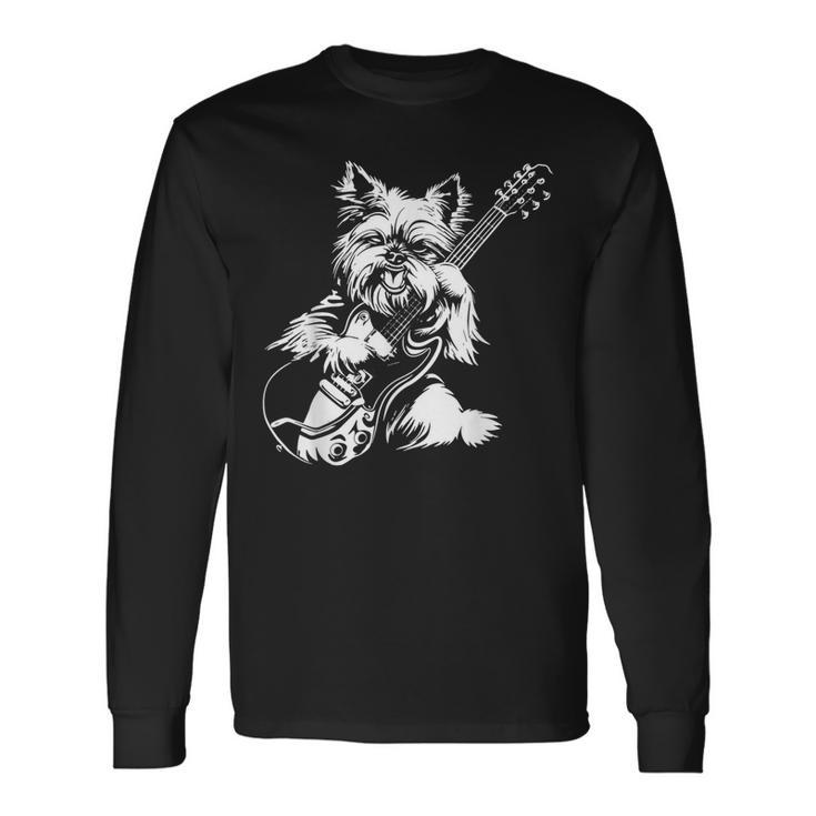 犬 ギタリスト ギター ティーカップ ヨーキー パパ ママ 長袖Tシャツ