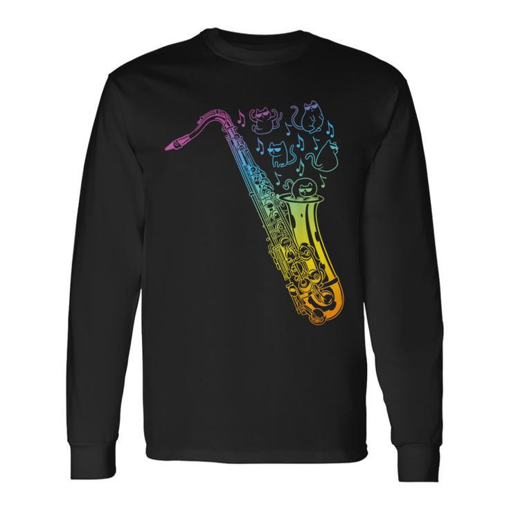 猫とサックスのサクソフォン楽器 長袖Tシャツ