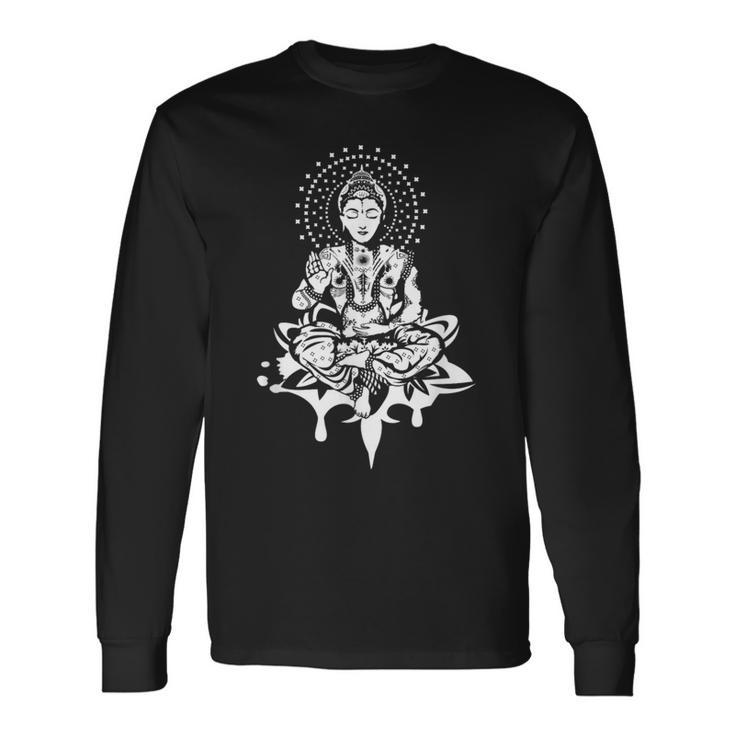 瞑想的な蓮の置物 スピリチュアルな禅ファンタジーデザイン 長袖Tシャツ