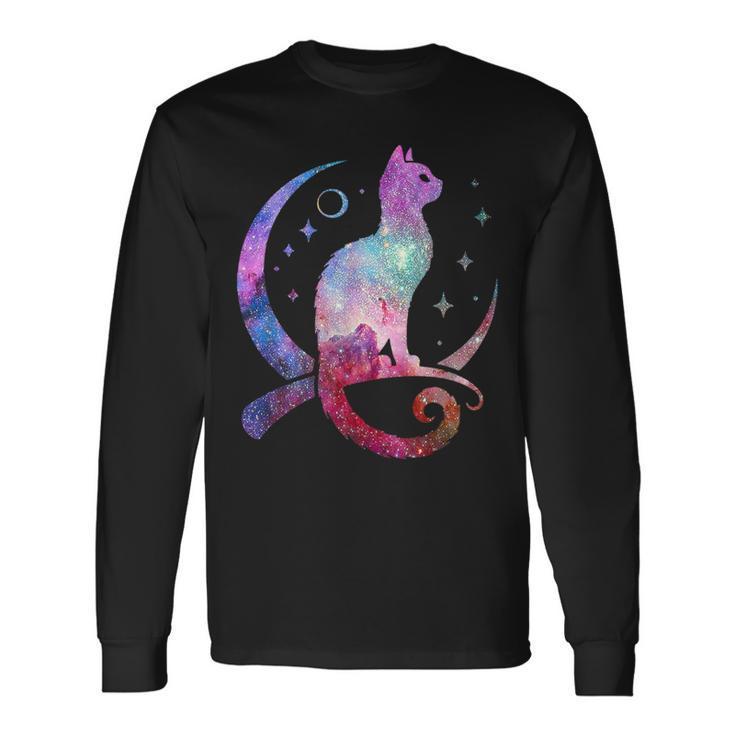 美しい宇宙星雲銀河猫のシルエット 長袖Tシャツ