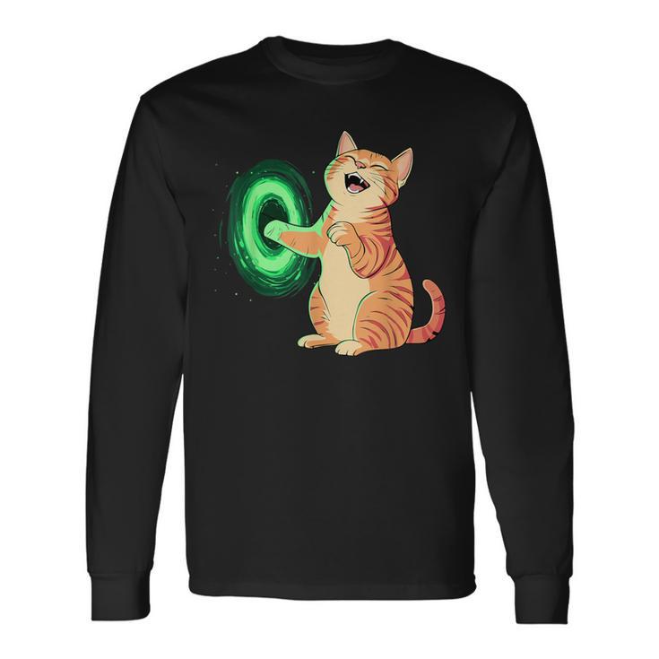背中にポータル中指を持ついたずらな猫コスチューム。 長袖Tシャツ
