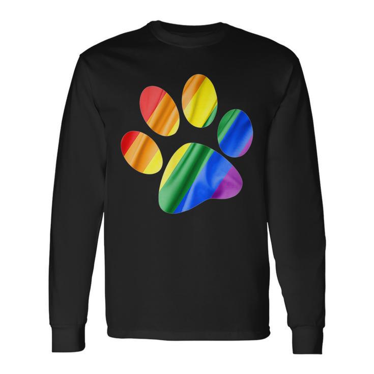 虹色の足跡プリント 犬 長袖Tシャツ
