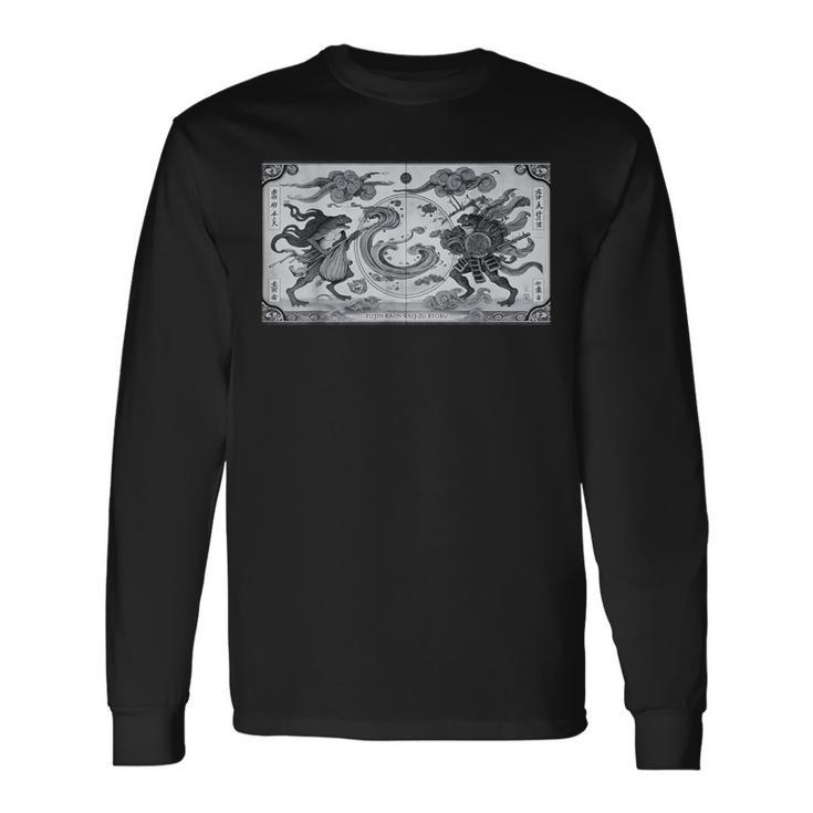 蛙の風神雷神デザイン 和風モノクロアート 長袖Tシャツ