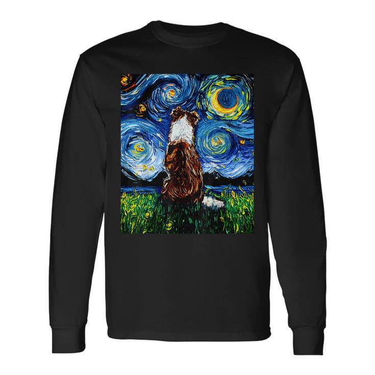 赤いボーダーコリー 星月夜犬 アートワーク 長袖Tシャツ