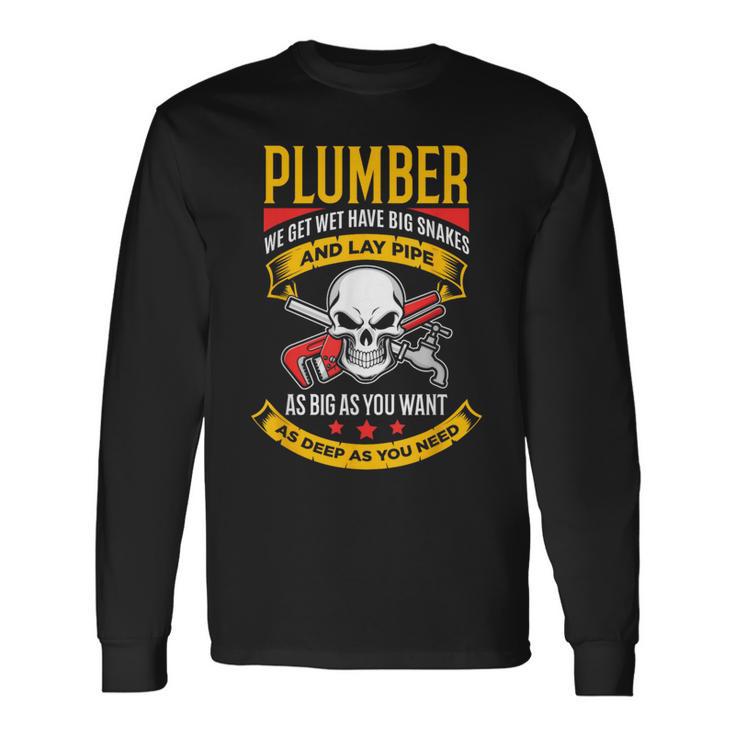 配管レンチクールビンテージスカル配管工 長袖Tシャツ