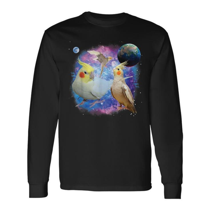 銀河を飛んでいる面白いオカメインコ オカメインコ 長袖Tシャツ