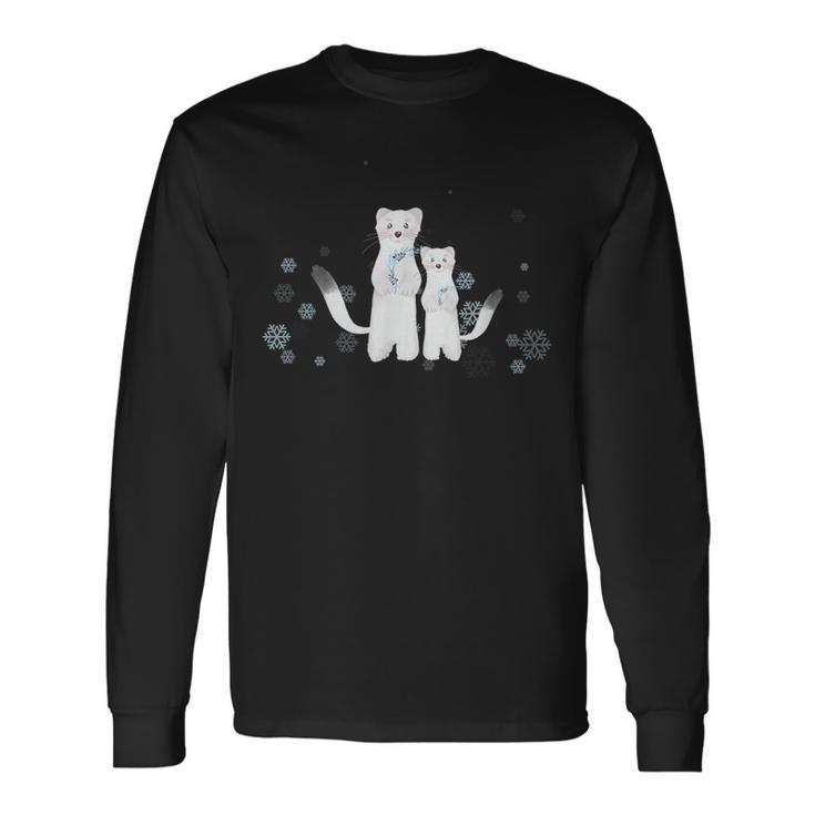 雪の妖精 オコジョの親子 長袖Tシャツ