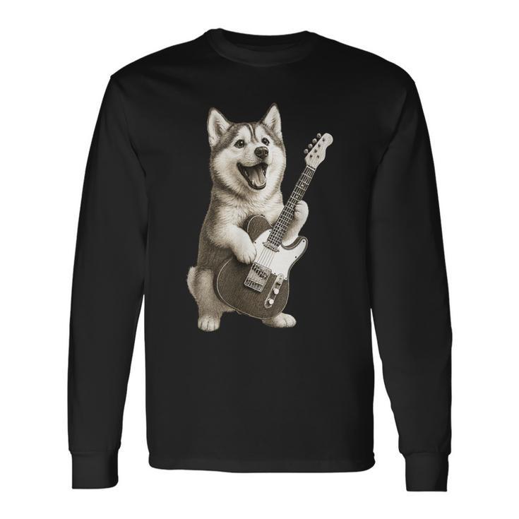 面白いtシャツ シベリアンハスキー 犬 ギター イヌ メンズ グッズ かわいい おもしろ 面白い 服 ネタ 長袖Tシャツ
