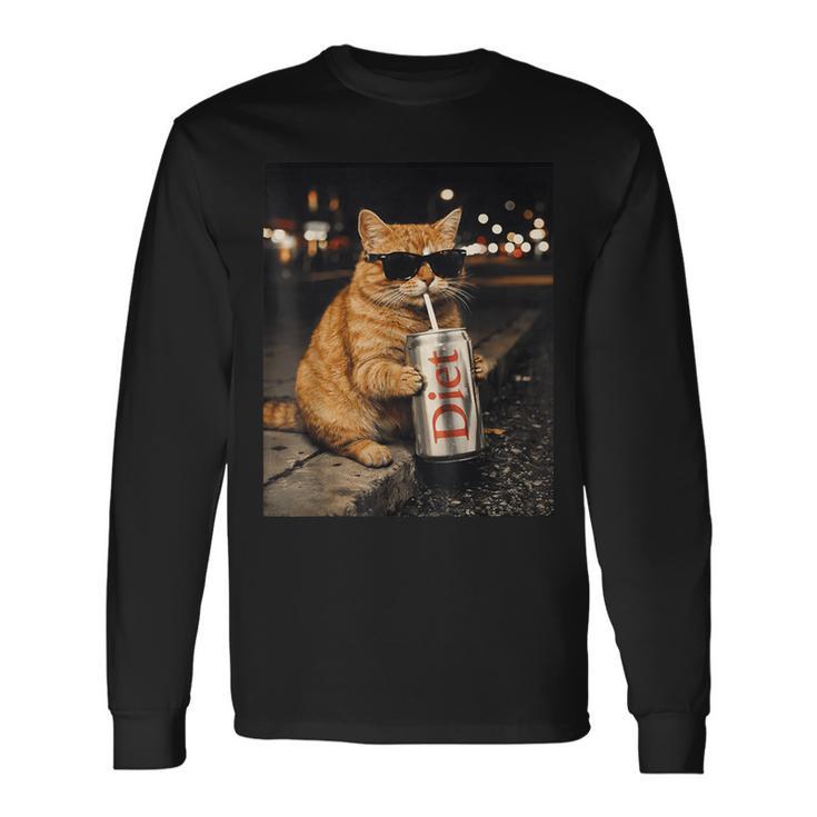 面白いナイトライフ オレンジ 猫 飲酒 ダイエット ドリンク サングラス 長袖Tシャツ