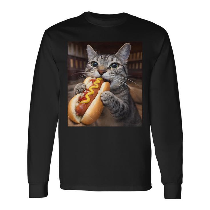面白い猫を食べるホットドッグtシャツ リアルなタビーキャットフード ユーモア 長袖Tシャツ