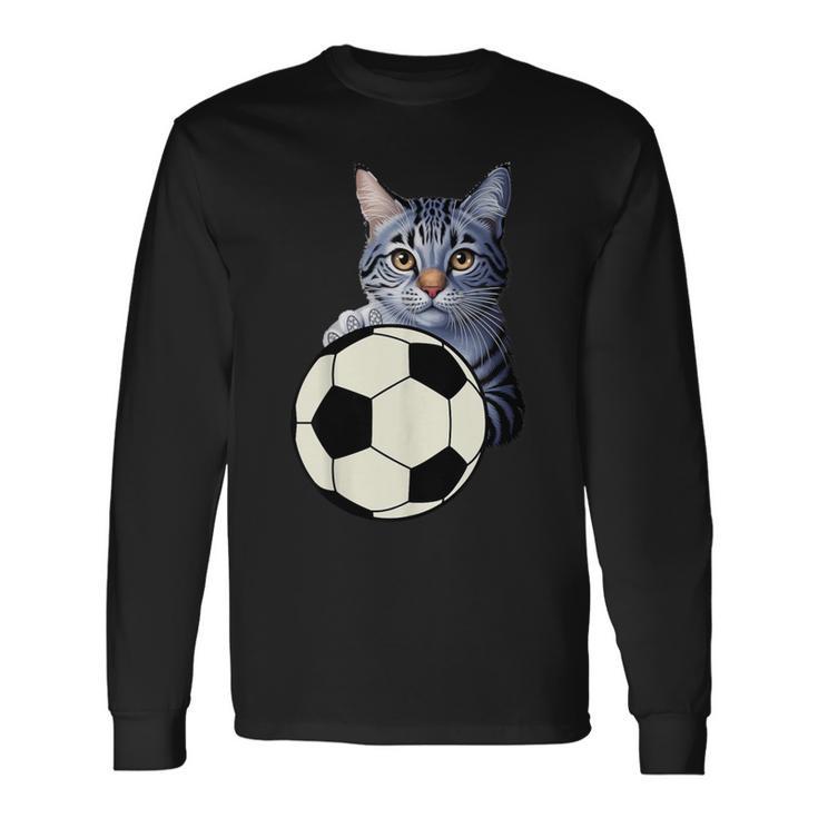面白い猫サッカーボールグラフィック子猫のスポーツ愛好家のコスチューム 長袖Tシャツ