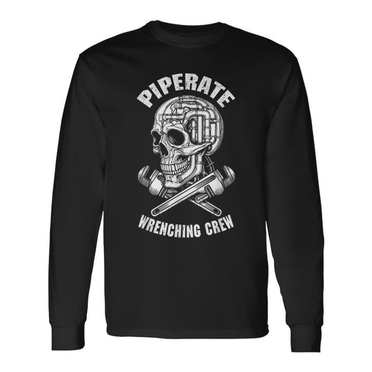 面白い配管工海賊パイペレートスカルレンチクルー配管。 長袖Tシャツ