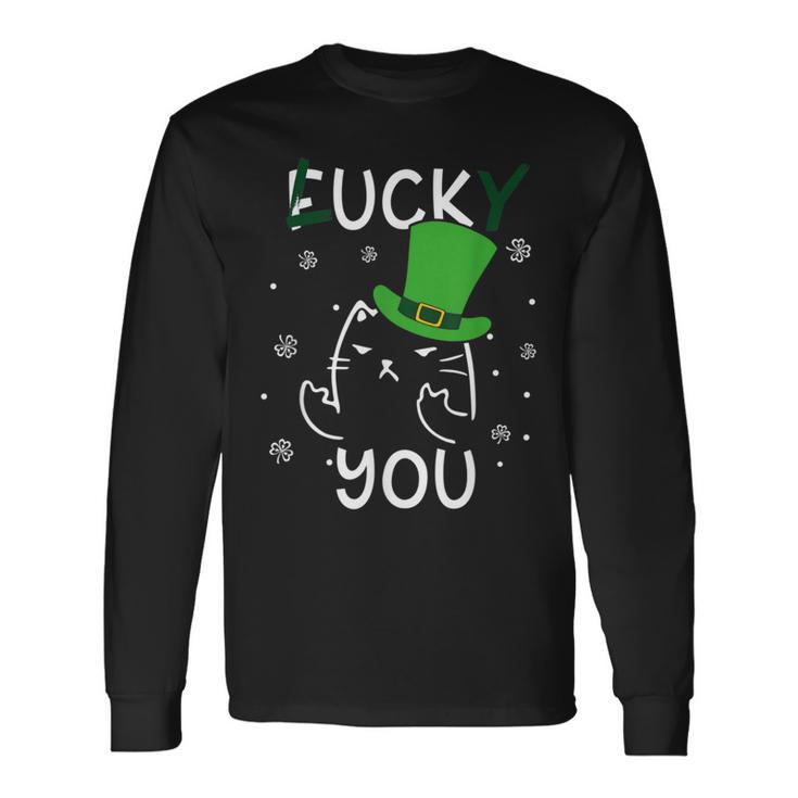 面白い黒猫レプラコーンファックラッキーユー聖パトリックデー 長袖Tシャツ