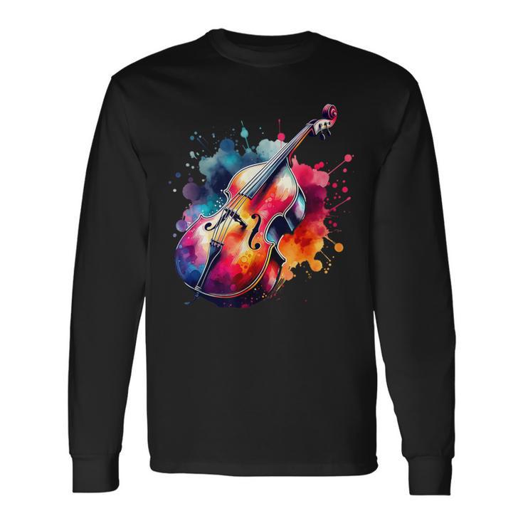 鮮やかなコントラバス アートワーク 長袖Tシャツ