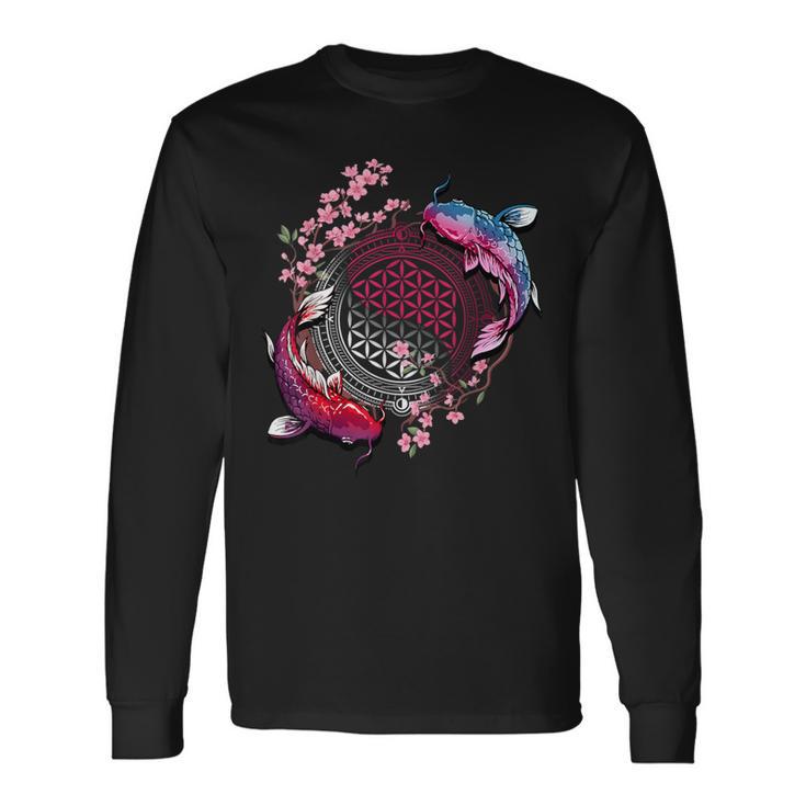 鯉魚フラワーオブライフ神聖幾何学桜アート 長袖Tシャツ