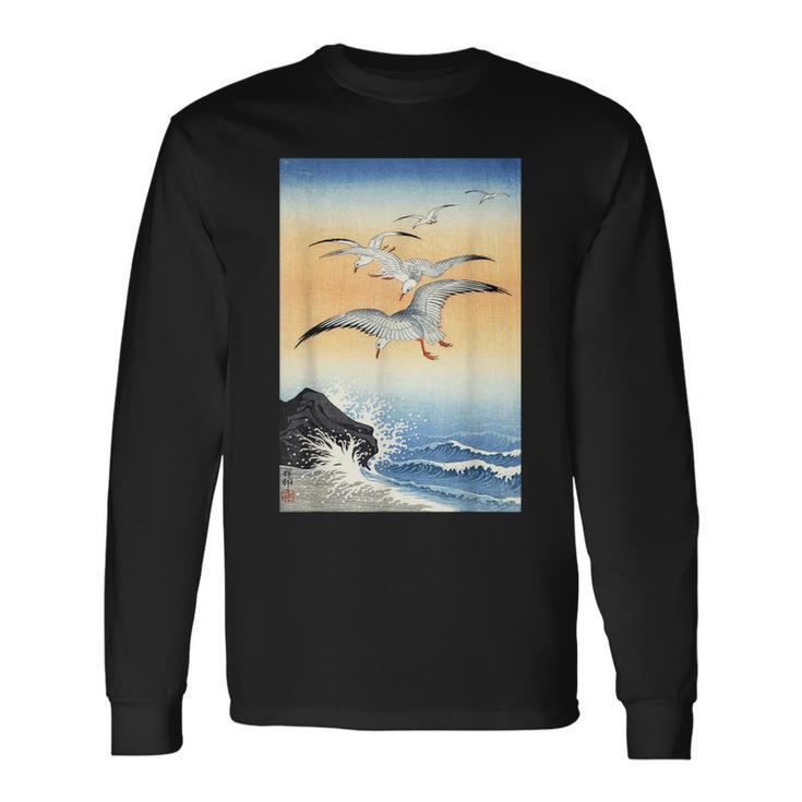 鳥 カモメ 波 海 ヴィンテージ 和 浮世絵 木版画 長袖Tシャツ