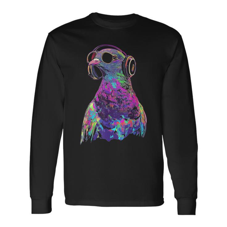 鳩 鳥モチーフ 動物 アート 音楽 ヘッドホン 鳩 長袖Tシャツ
