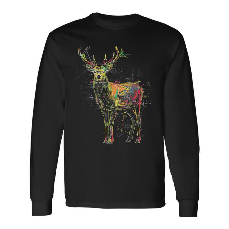 鹿 アートワーク 幾何学的 抽象 動物 グラフィック アート 鹿 長袖Tシャツ