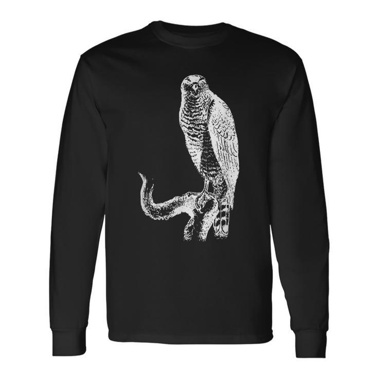 黒い線画 鷹 鳥獣戯画 長袖Tシャツ