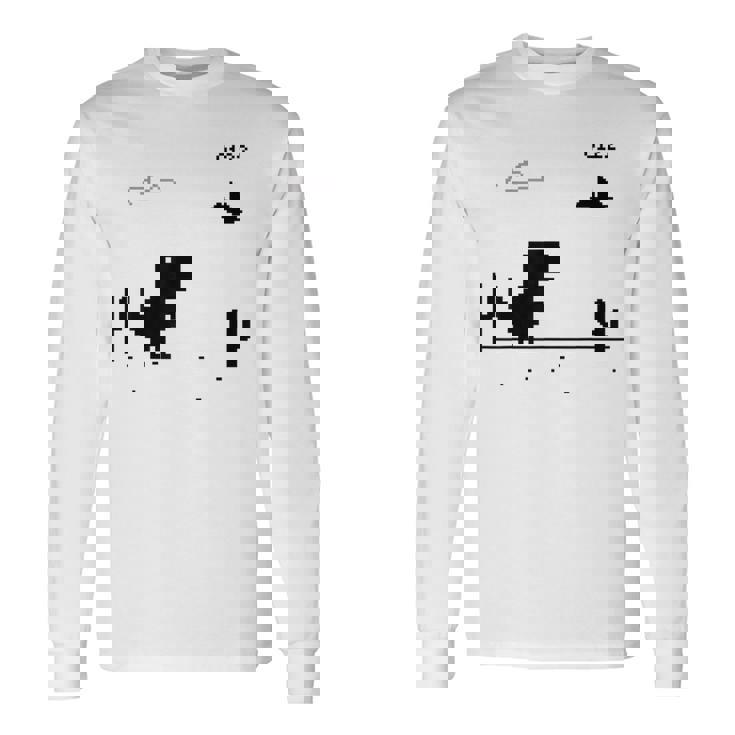 Dino T-Rex 恐竜 ピクセルゲーム インターネットなし オフライン 面白い 男性 長袖Tシャツ ギフトのアイデア