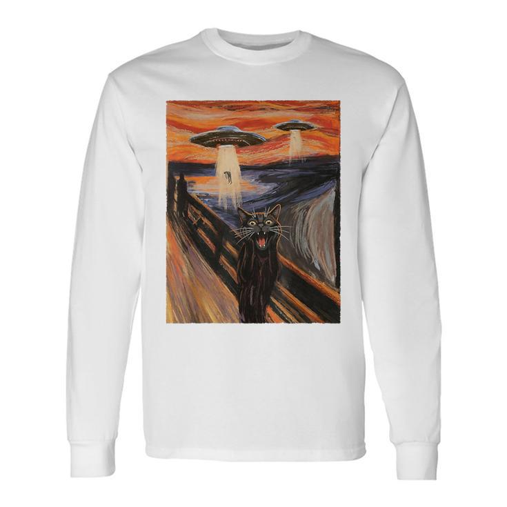 Ufo エイリアン 楽しい 絶叫 猫 アート パロディ 長袖Tシャツ