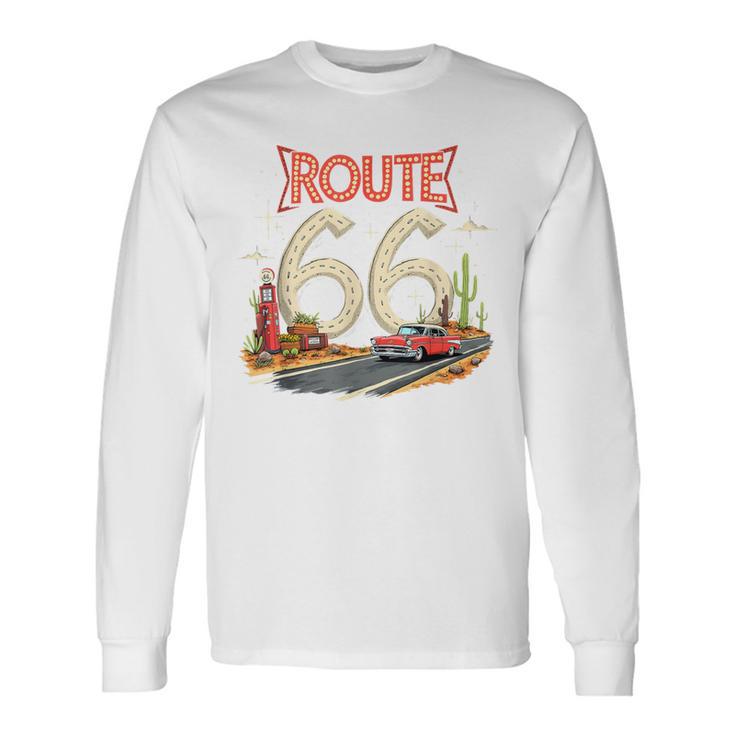クラシック レトロ ルート66 砂漠の情景 赤 ヴィンテージ 車 長袖Tシャツ