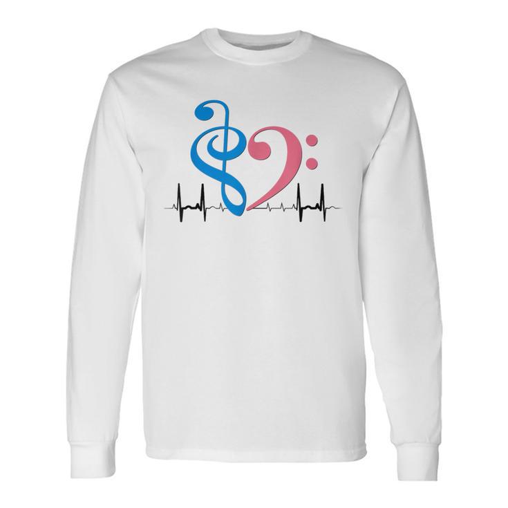 ツートーン 低音記号 ハート Ekg ウェーブ シアン&バブルガム ピンク 長袖Tシャツ