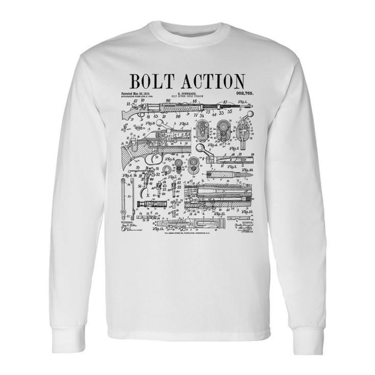 ハンティングライフルボルトアクション銃器ヴィンテージガン特許プリント 長袖Tシャツ