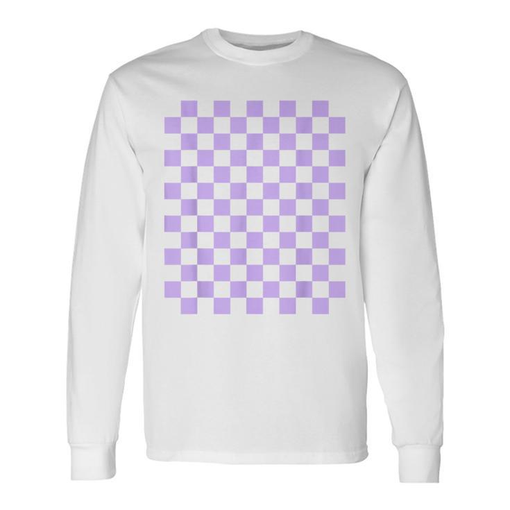 パープルラベンダーチェッカーボード 長袖Tシャツ