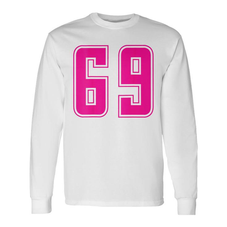 ピンク色背番号 69 チーム短大スポーツピンク色背番号付きユニフォーム 長袖Tシャツ