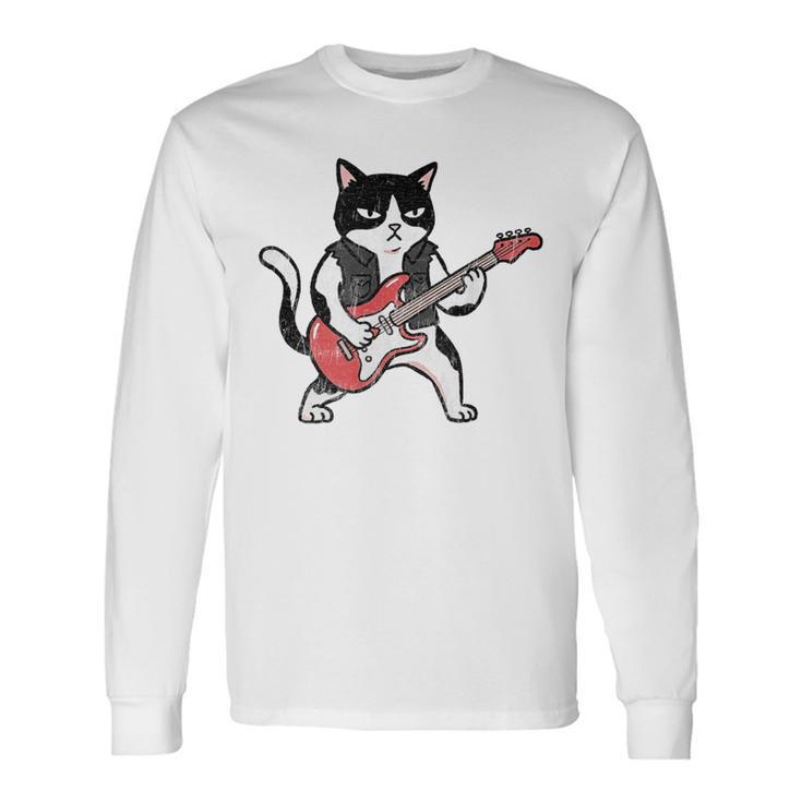 ベースギターを弾く 面白い ロック猫 バンド ミュージシャン ベーシスト 動物 長袖Tシャツ