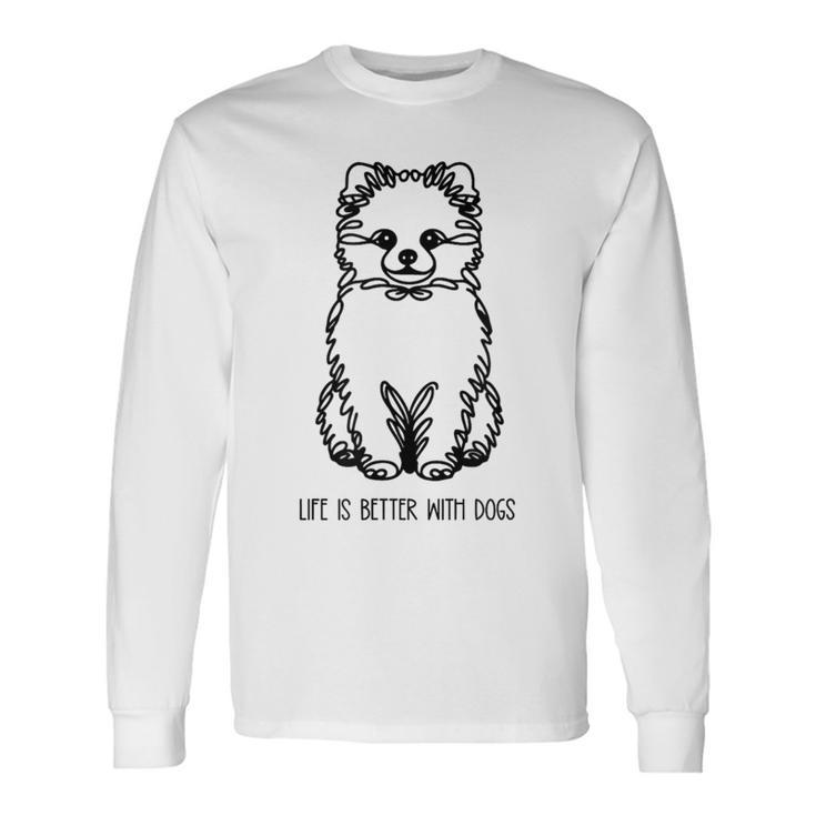 ポメプー シルエット ラインアート 犬がいると人生はもっと楽しい デザイン 長袖Tシャツ