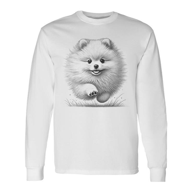 ポメラニアンポンポン犬のランニングデザインのアイデア 長袖Tシャツ