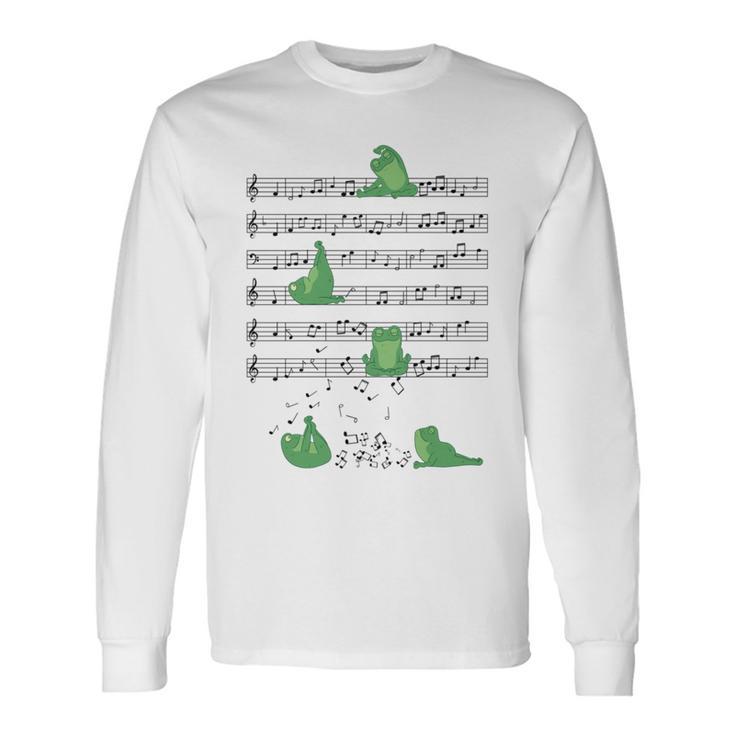 ヨガをしているかわいいカエル 音符 音記号 ミュージシャンアート 長袖tシャツ 長袖Tシャツ