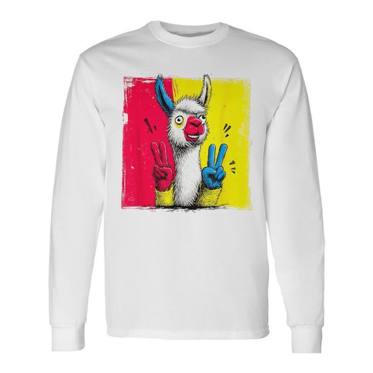 ラマ ダブルピース レトロ ポップ キャラクター グラフィック サイン ジェスチャー 長袖Tシャツ