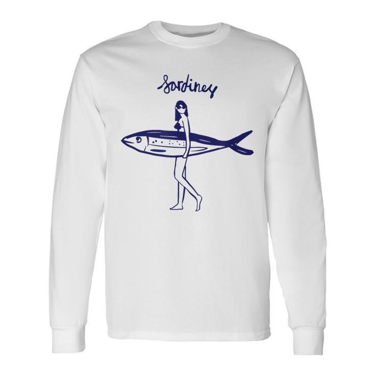 レトロな魚モチーフのガールイラスト シンプルな海風アートデザイン 長袖Tシャツ