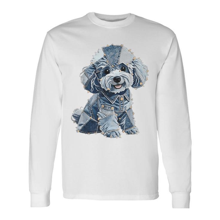 レトロデニムパッチプードル ドッグアート 芸術的 長袖Tシャツ