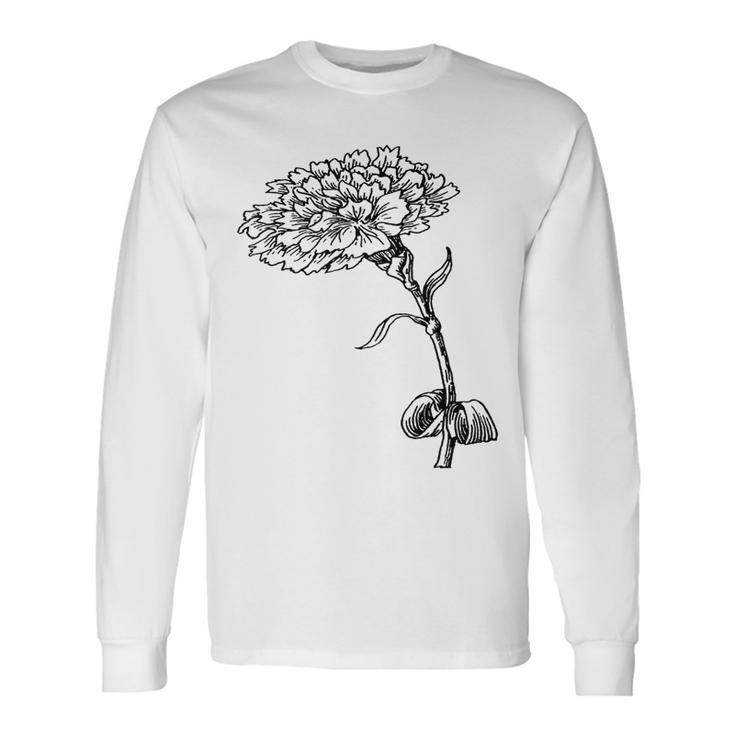 ヴィンテージ カーネーション ボタニカル ライン アート イラスト 黒インク 長袖Tシャツ