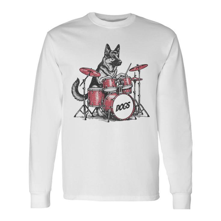 ヴィンテージジャーマンシェパード犬の演奏ドラム。 長袖Tシャツ