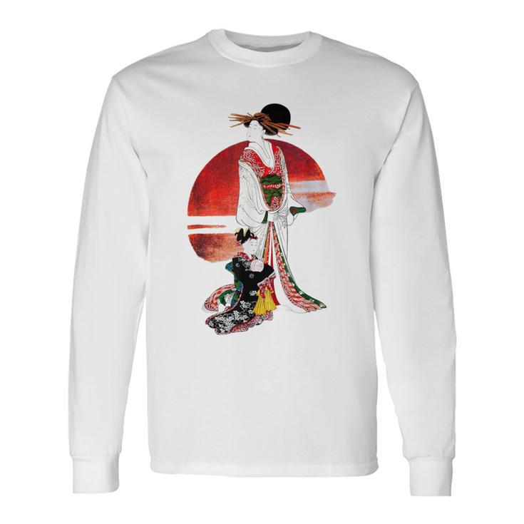 日本の伝統美術、華麗な芸者、浮世絵風 長袖Tシャツ