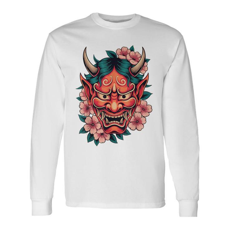 日本の鬼妖怪 悪魔 桜 般若鬼 おに面 長袖Tシャツ
