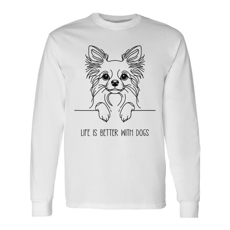 犬と一緒なら人生はもっと良くなる チワワ ラインアート ロングコートチワワ タイプ1 長袖Tシャツ
