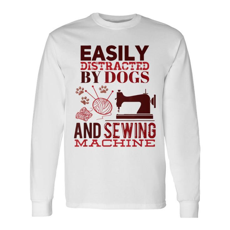 犬やミシンに気を取られやすい おもしろ裁縫 長袖Tシャツ