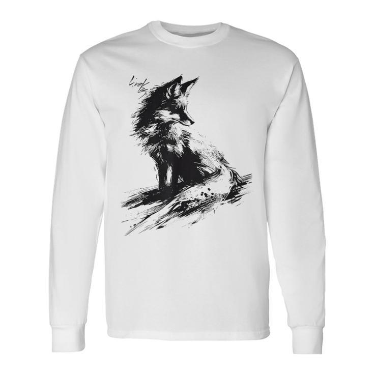 狐 アニマル柄 モチーフ 抽象 イラスト 絵画 狐 長袖Tシャツ