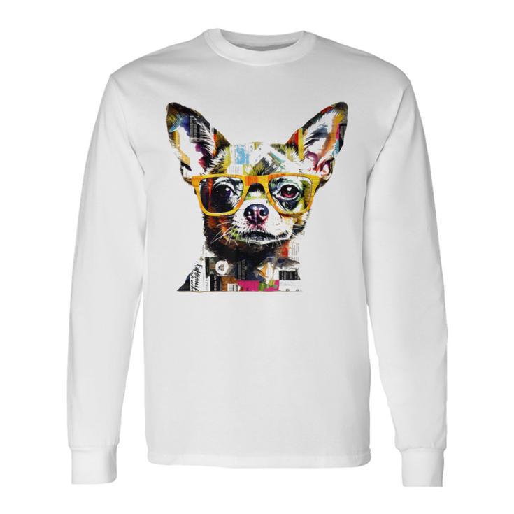 黄色のメガネを着たチワワ 明るい色 長袖Tシャツ