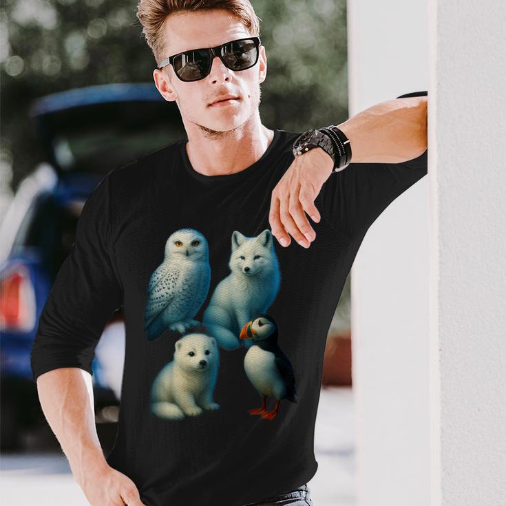 Arctic Animals コラージュ シロフクロウ キツネアザラシ ツノメ 長袖Tシャツ 彼への贈り物